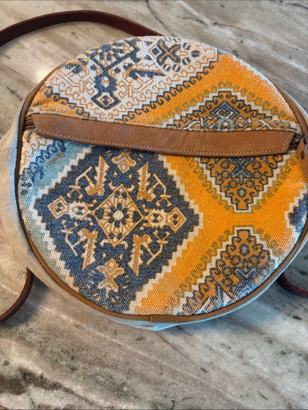 Round Boho Crossbody Bag in Mustard and Blue
